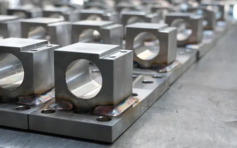 Production run of identical TIG welded stainless block-and-plate brackets lined up in the shop