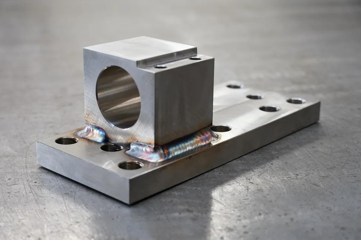 Rear view of a TIG welded stainless mounting bracket showing consistent fillet welds around the machined block
