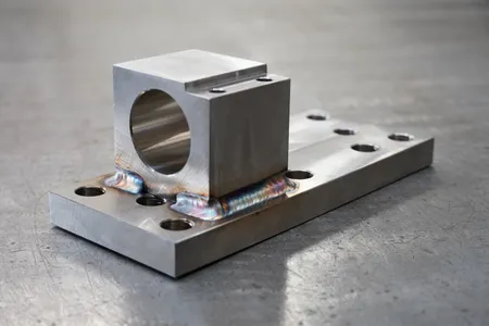 Rear view of a TIG welded stainless mounting bracket showing consistent fillet welds around the machined block