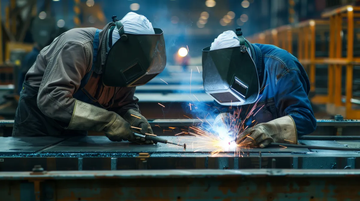Two welders fabricating a steel structure as sparks fly